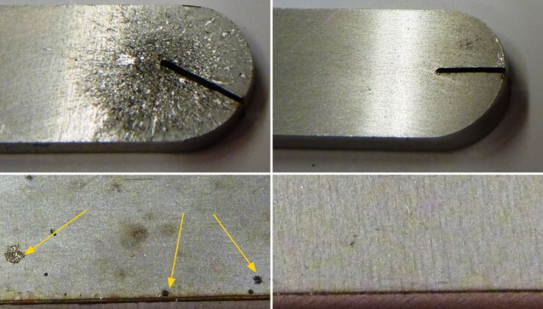 Comparing piercing area and bottom side: without/with laser cut anti-spatter PROTEC LC20A